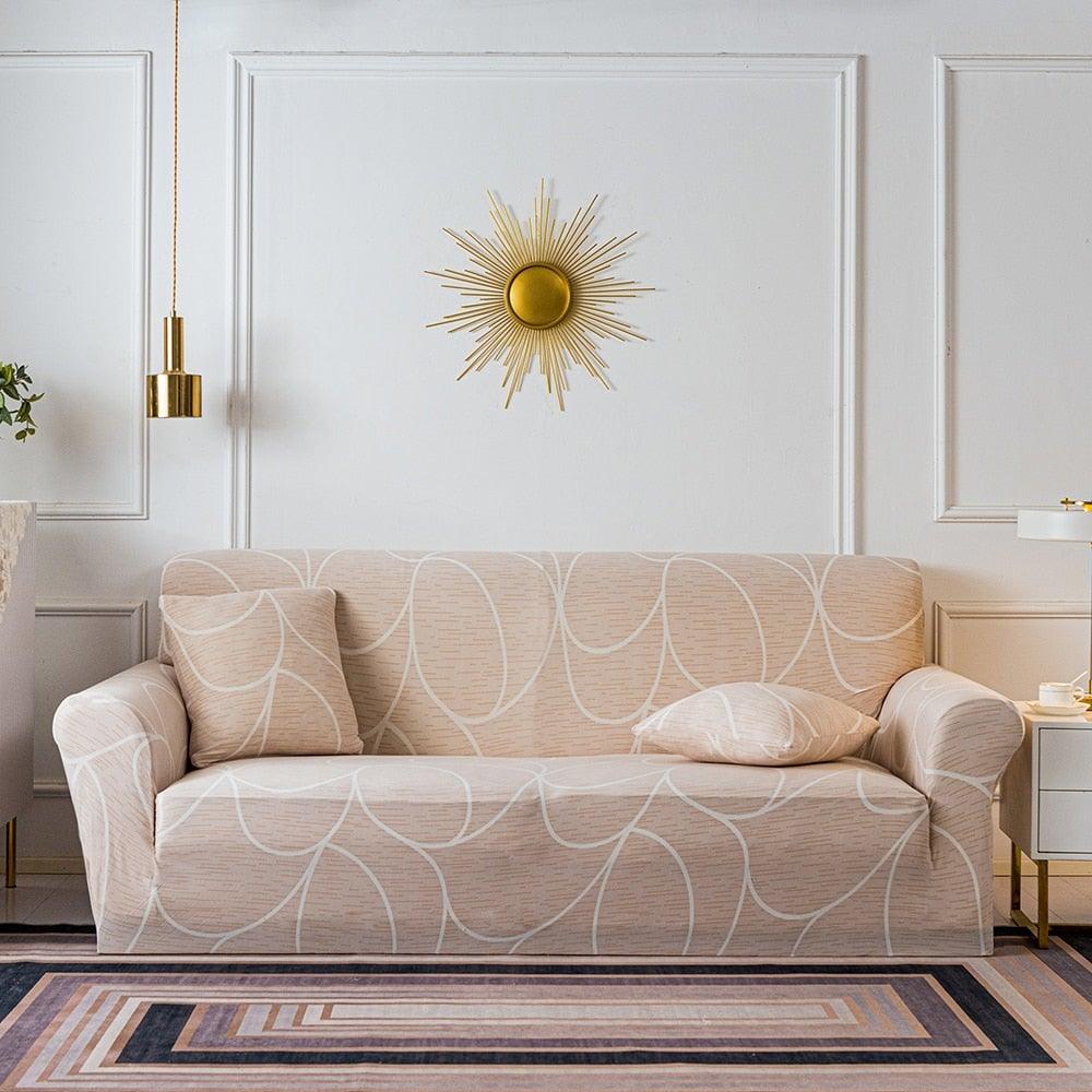 Stevvex elastic floral sofa cover for 3-seat beige couch with white curved-line pattern on Tampa Home & Garden Store