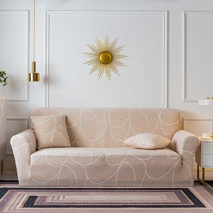 Stevvex elastic floral sofa cover for 3-seat beige couch with white curved-line pattern on Tampa Home & Garden Store