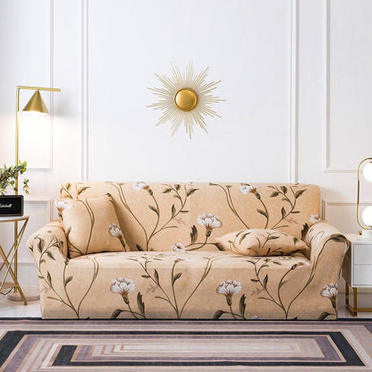 Stevvex beige floral printed sofa cover with removable cushion covers on a living room couch on Tampa Home & Garden Store