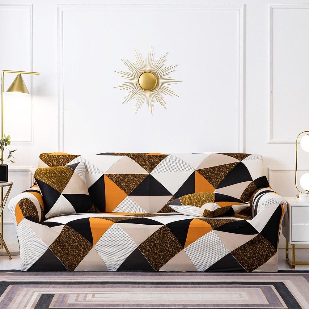 Stevvex stretch sofa slipcover for 3-seater with geometric triangle print in orange beige black on Tampa Home & Garden Store