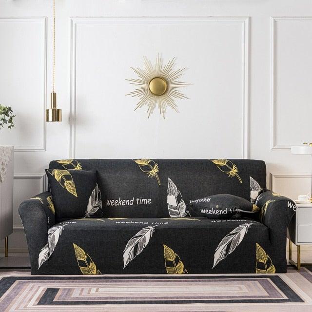 Stevvex floral sofa cover for 3-seat couch in black with leaf pattern and separate cushion covers on Tampa Home & Garden Store