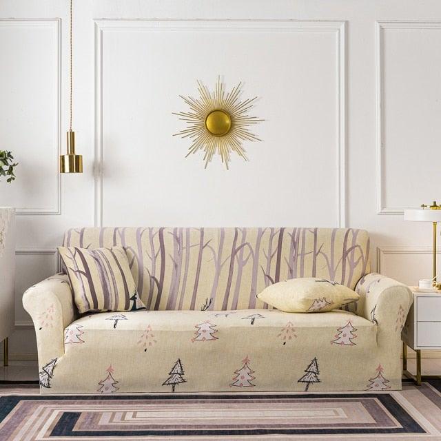 Elastic floral sofa cover for 3-seater with cushion covers beige with striped back cushions on Tampa Home & Garden Store