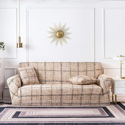 Stevvex beige plaid sofa cover on a 3-seat couch with matching cushions in a stylish lounge on Tampa Home & Garden Store