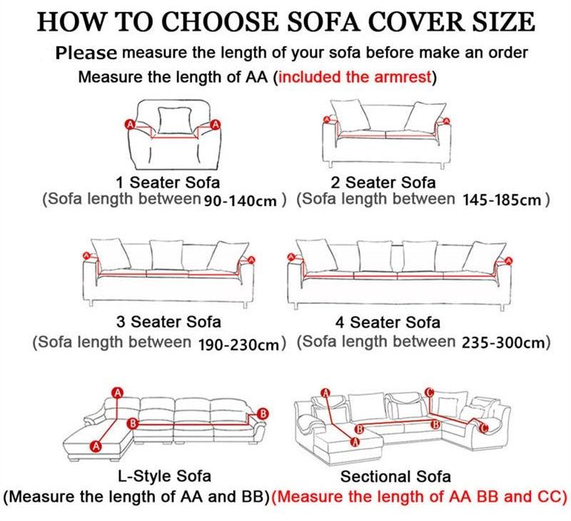 Sofa slipcover size guide for 1–4 seaters and sectional layouts with measurement arrows Stevvex on Tampa Home & Garden Store