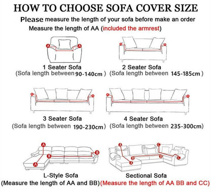 Sofa slipcover size guide for 1–4 seaters and sectional layouts with measurement arrows Stevvex on Tampa Home & Garden Store