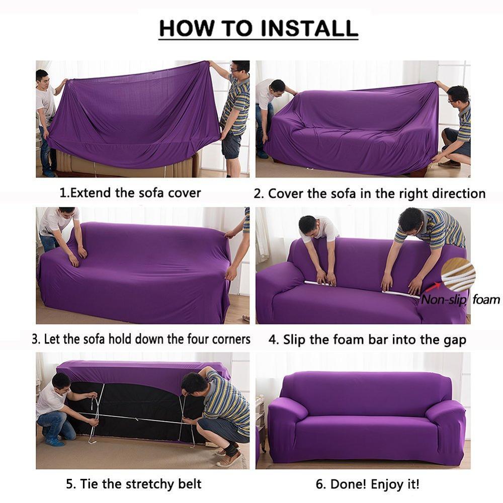 Purple floral elastic sofa cover with cushion cover in a 6-step living room installation Stevvex on Tampa Home & Garden Store