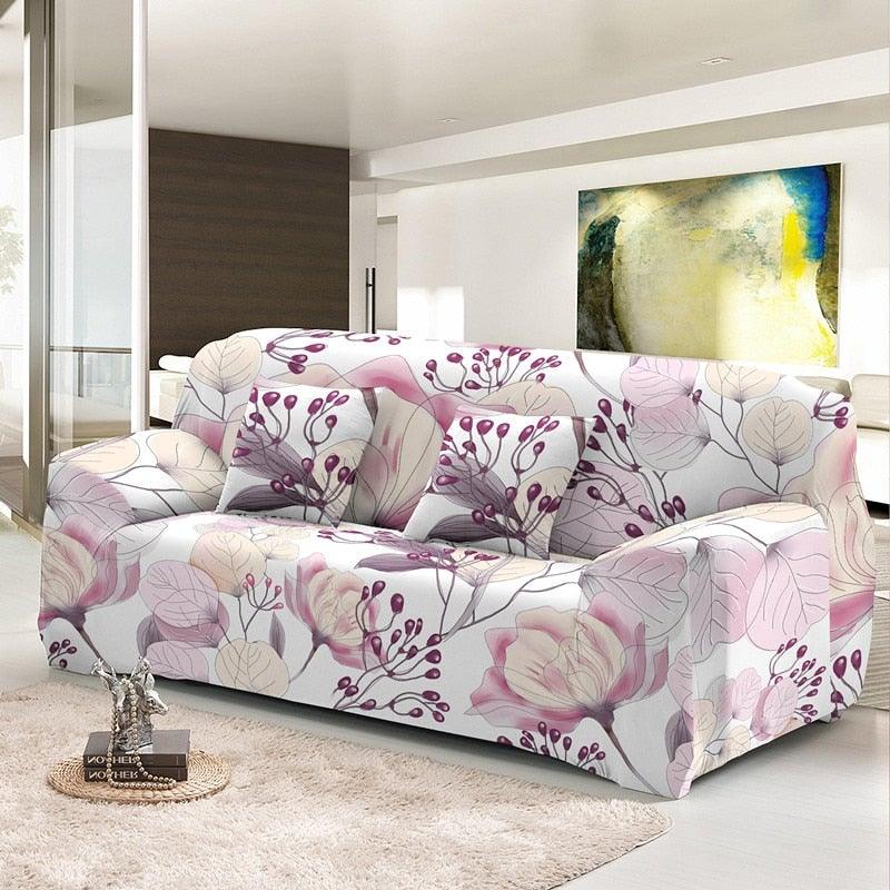 Elastic floral sofa slipcover with cushion covers in pink purple pattern on Tampa Home & Garden Store