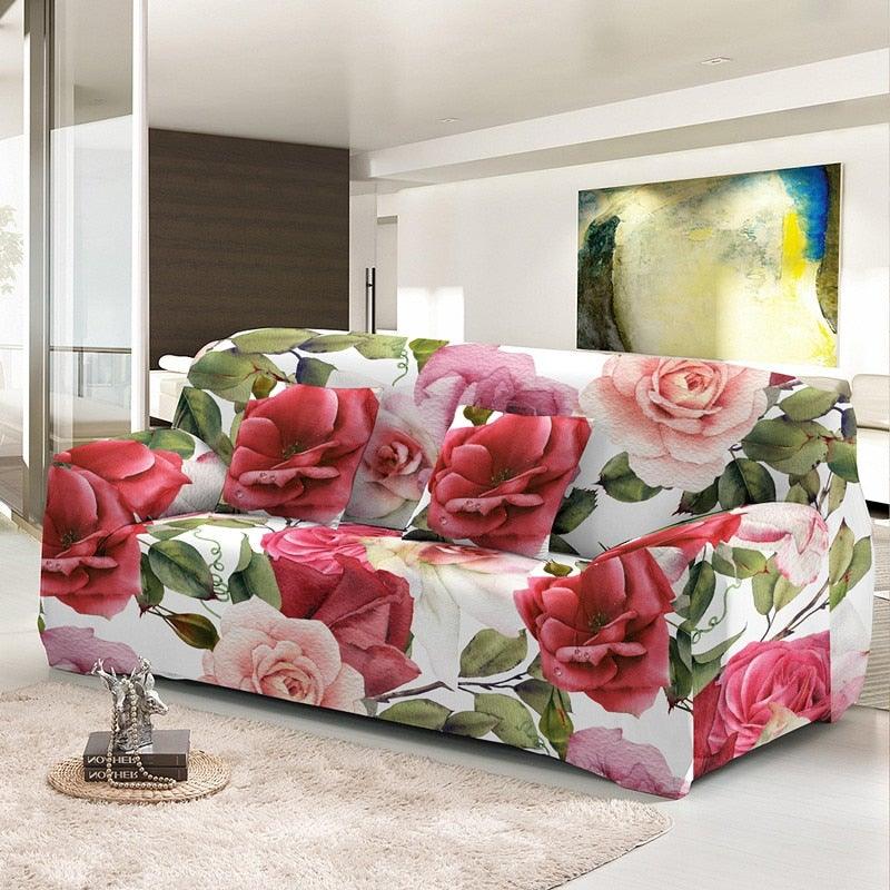 Floral stretch sofa cover by Stevvex for 3-seat couch with pink rose print cushions on Tampa Home & Garden Store