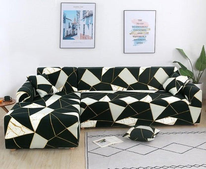 Elastic sofa cover set for L-shaped sectional with black-and-white geometric triangle print on Tampa Home & Garden Store