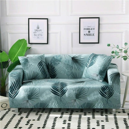 Elastic sofa cover in teal palm-leaf print for living room, Stevvex stretch slipcover fits sofa on Tampa Home & Garden Store