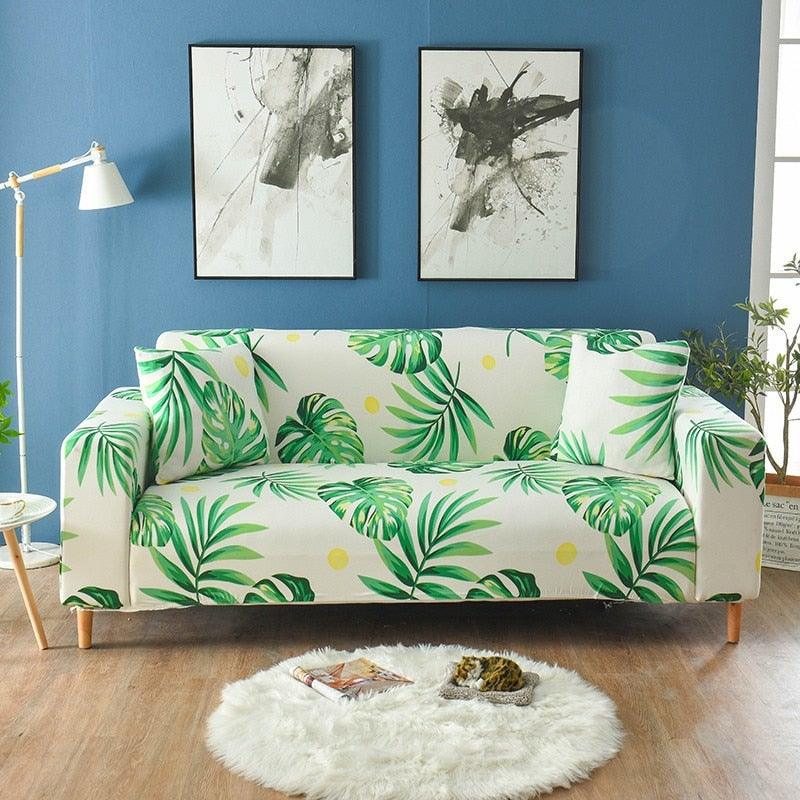 Stevvex elastic sofa cover tropical leaf print on white fabric for living room sofa on Tampa Home & Garden Store