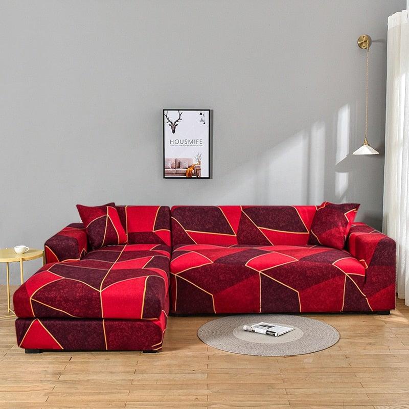 Elastic sofa cover for sectional L-shape with chaise in bold red geometric print Stevvex on Tampa Home & Garden Store