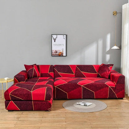 Elastic sofa cover for sectional L-shape with chaise in bold red geometric print Stevvex on Tampa Home & Garden Store