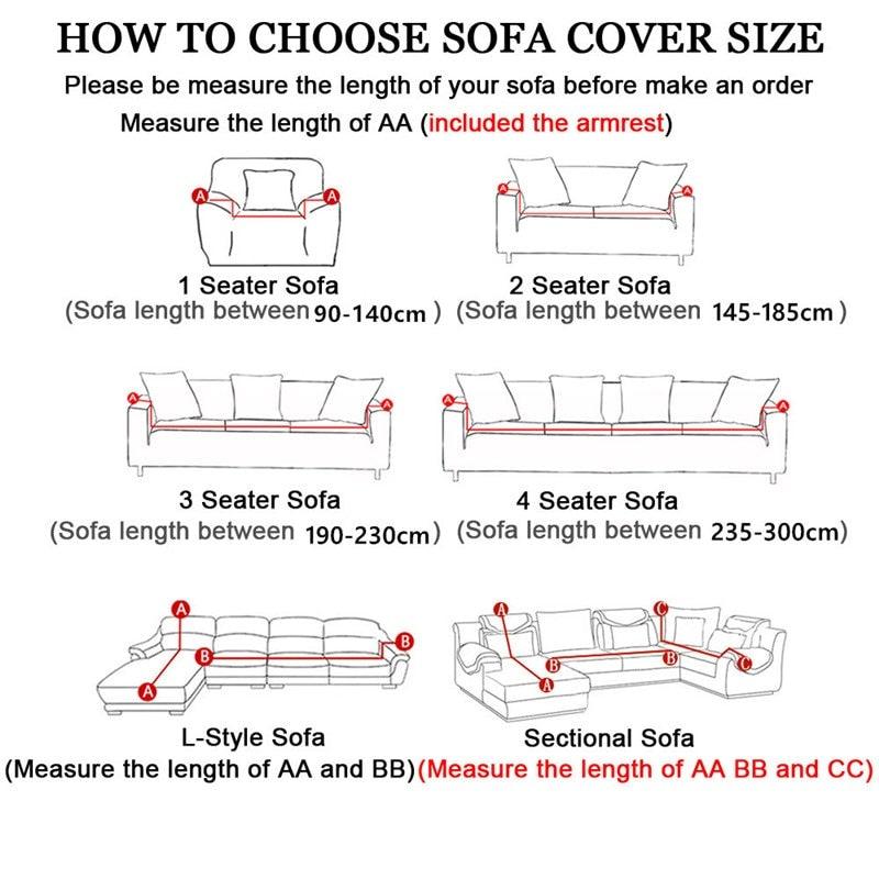 Elastic sofa cover size guide diagram for Stevvex stretch slipcovers for 1–4 seat sofas on Tampa Home & Garden Store