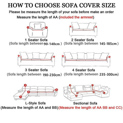 Elastic sofa cover size guide diagram for Stevvex stretch slipcovers for 1–4 seat sofas on Tampa Home & Garden Store