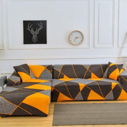 Stevvex elastic sofa cover for L-shaped sectional in orange gray geometric print, 4-seater on Tampa Home & Garden Store