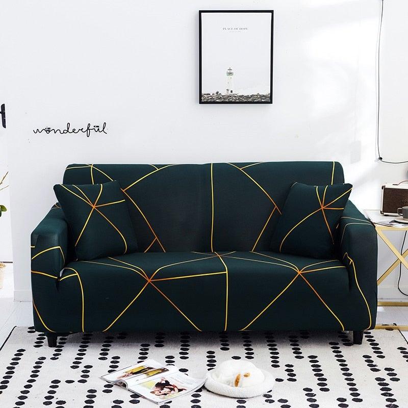 Stevvex elastic sofa cover dark teal with yellow geometric lines on a 3-seat sofa on Tampa Home & Garden Store