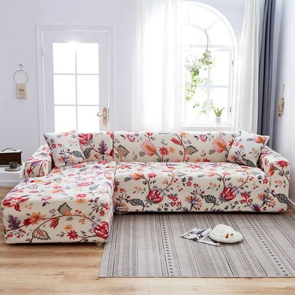 Stevvex floral elastic sofa cover for L-shaped sectional; colorful printed stretch slipcover on Tampa Home & Garden Store