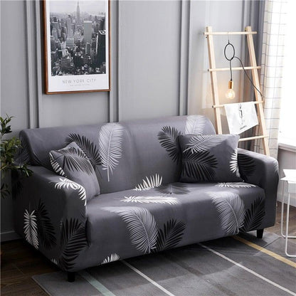 Elastic sofa cover with gray palm leaf print for living room with 2 matching cushions on Tampa Home & Garden Store