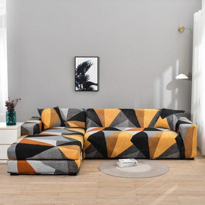 Stevvex elastic sofa cover for L-shaped sectional with orange gray black geometric print on Tampa Home & Garden Store