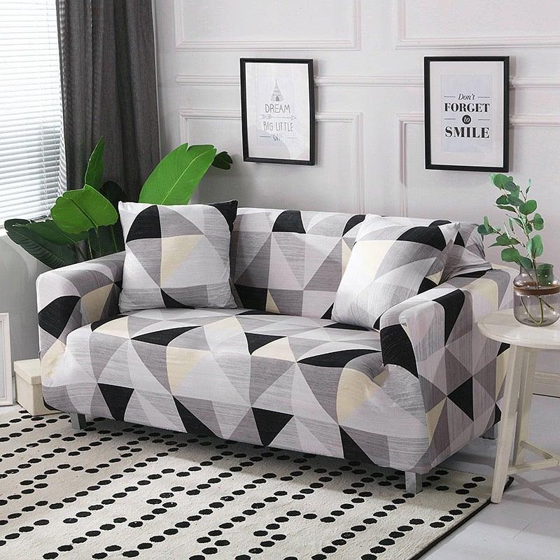 Elastic sofa cover Stevvex with geometric gray, black and pale-yellow print for 3-seat sofa on Tampa Home & Garden Store