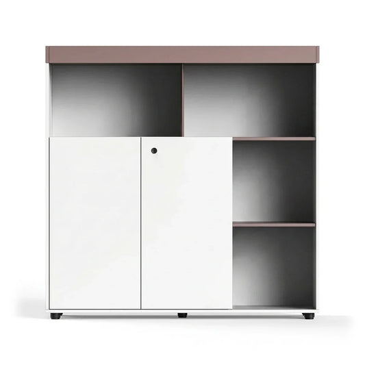 Dunsley Office Credenza Cabinet Sideboard with white doors and open grey shelves plus brown trim on Tampa Home & Garden Store