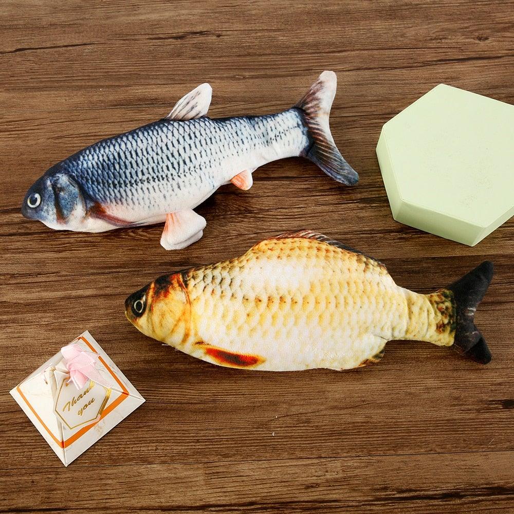 Stevvex 3D fish cat toy, two plush fish with USB charging base on surface on Tampa Home & Garden Store