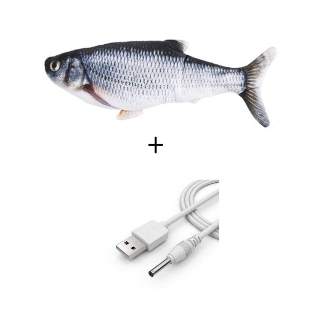 Stevvex electric cat toy 3D fish plush and USB charging cable, silver-gray realistic fish on Tampa Home & Garden Store