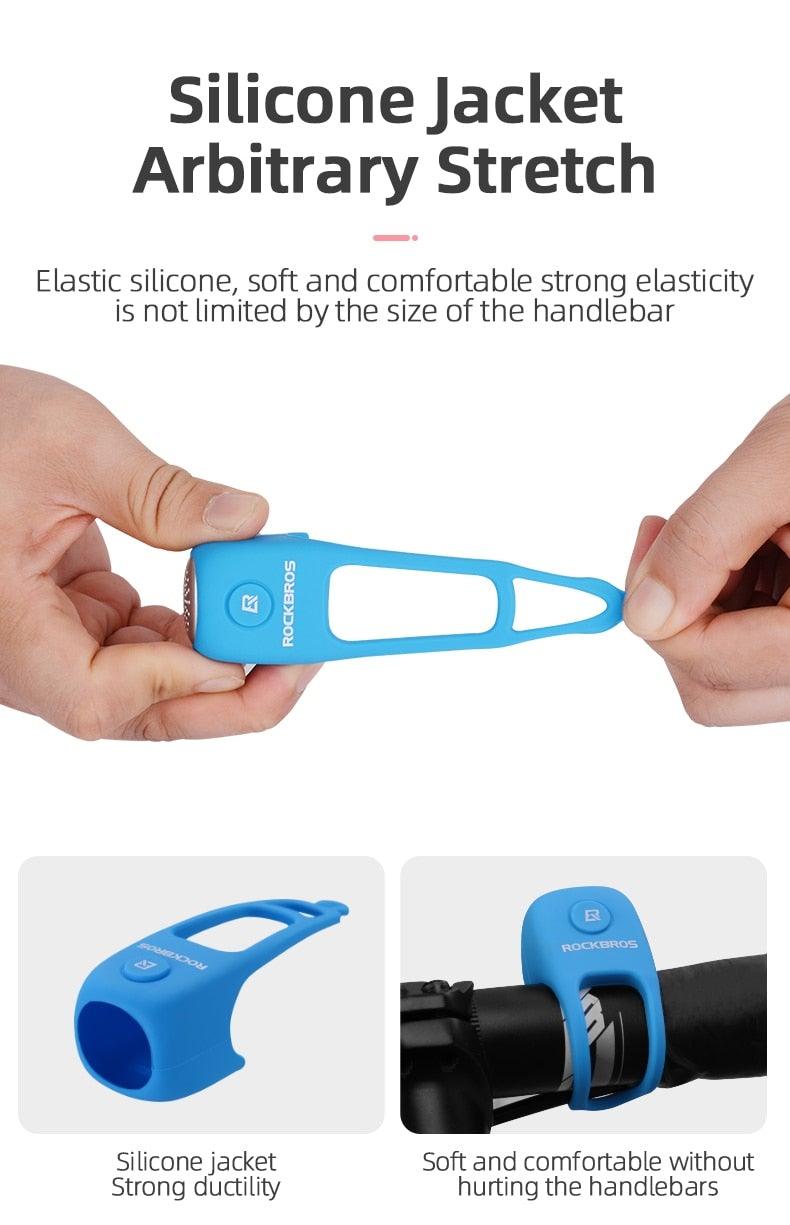 Electric cycling bell with blue silicone shell RockBros mounted on handlebars 90 dB horn on Tampa Home & Garden Store