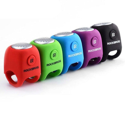 Six RockBros silicone cycling bells in red green blue purple black with metal tops on bars on Tampa Home & Garden Store