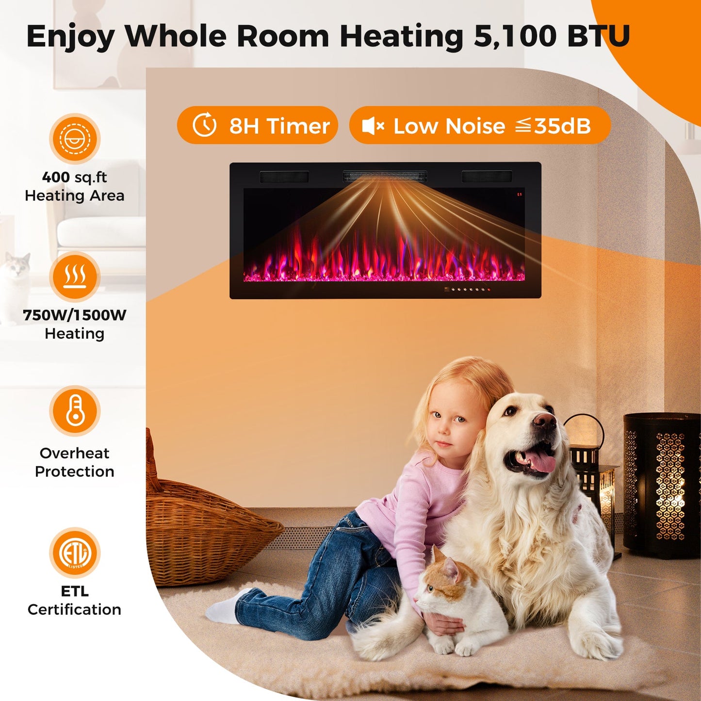 Chimenea Eléctrica de 40/50/60 Pulgadas Empotrada y Montada en la Pared para Montantes de 2' x 6' - 40 Pulgadas