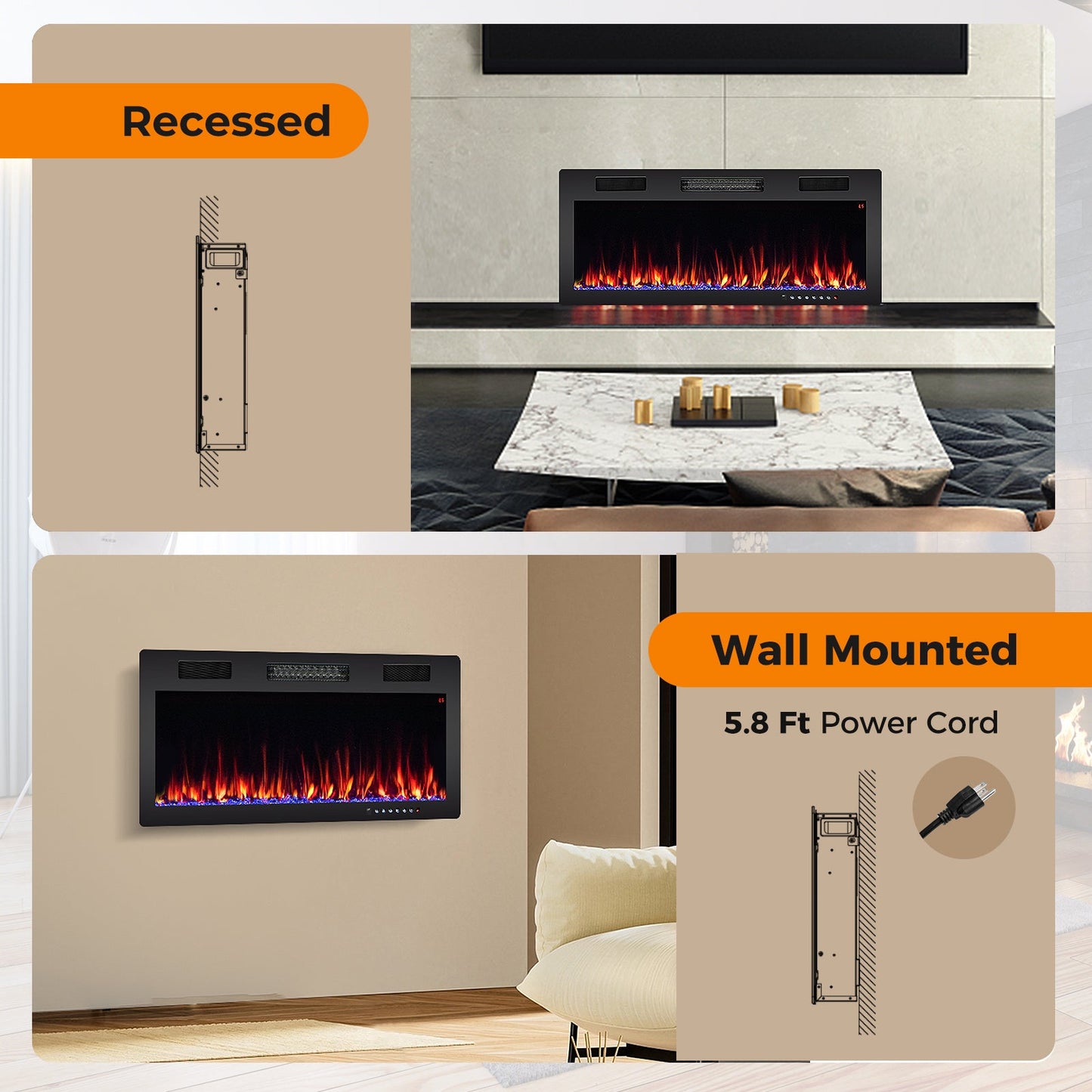 Chimenea Eléctrica de 40/50/60 Pulgadas Empotrada y Montada en la Pared para Montantes de 2' x 6' - 40 Pulgadas