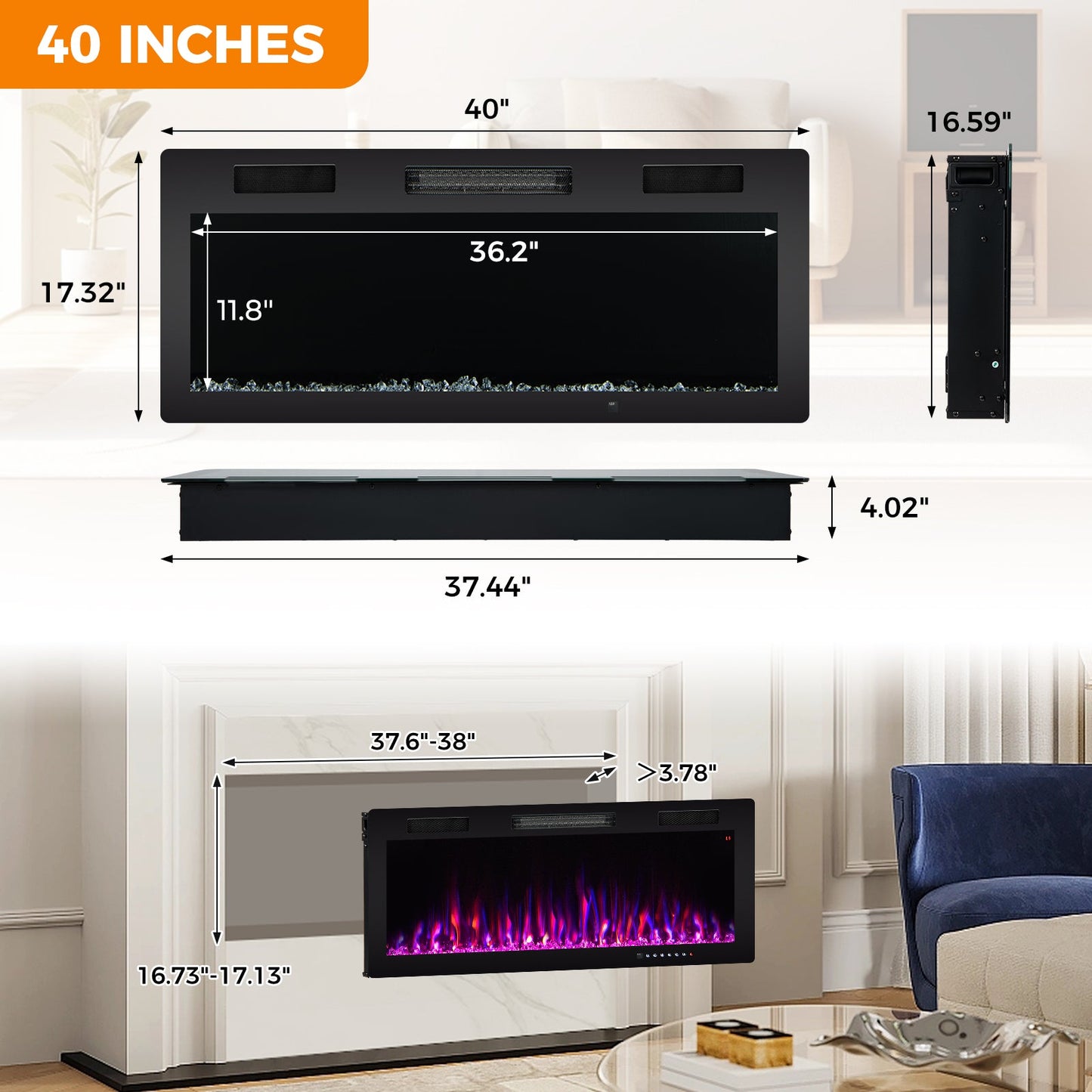 Chimenea Eléctrica de 40/50/60 Pulgadas Empotrada y Montada en la Pared para Montantes de 2' x 6' - 40 Pulgadas