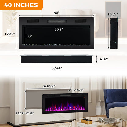 Chimenea Eléctrica de 40/50/60 Pulgadas Empotrada y Montada en la Pared para Montantes de 2' x 6' - 40 Pulgadas