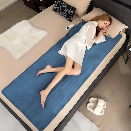 DirectDeals blue heated mattress pad with 5 heat levels and wired controller on bed on Tampa Home & Garden Store