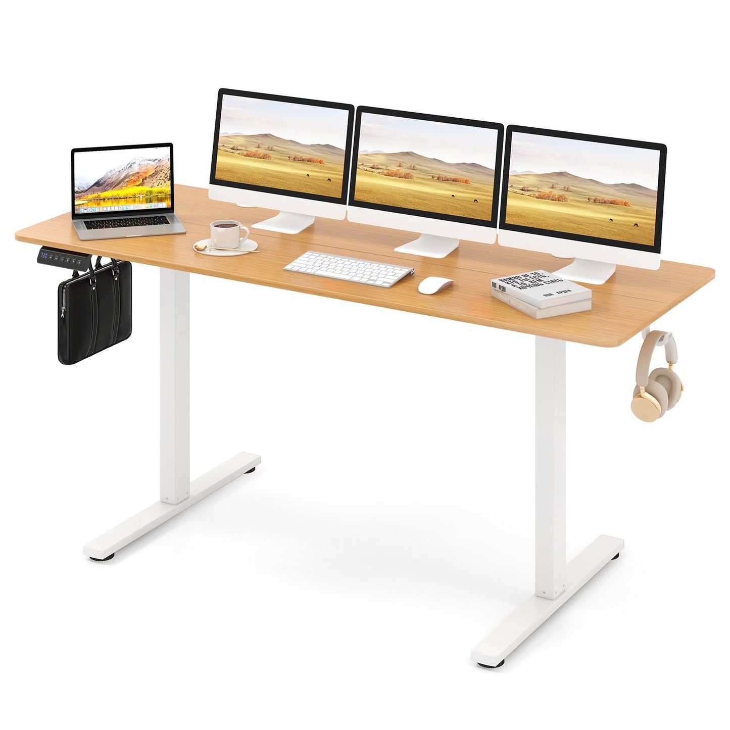 Escritorio eléctrico de pie con 3 alturas de memoria, 2 ganchos para colgar y orificios para cables - Natural
