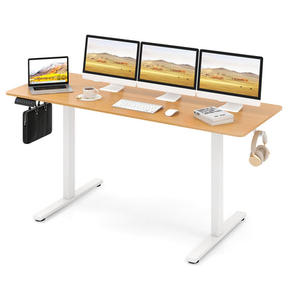 Escritorio eléctrico de pie con 3 alturas de memoria, 2 ganchos para colgar y orificios para cables - Natural