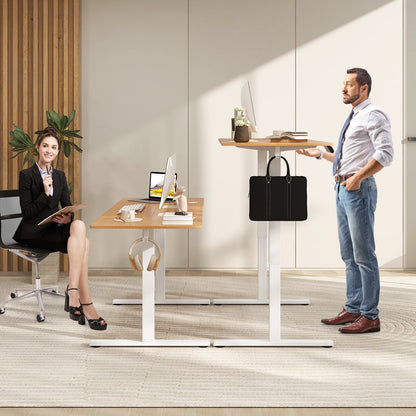 Escritorio eléctrico de pie con 3 alturas de memoria, 2 ganchos para colgar y orificios para cables - Natural