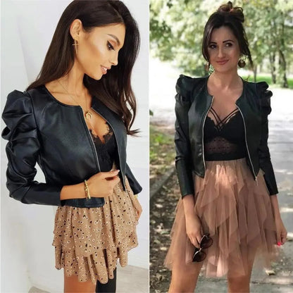 Stevvex PU leather jacket for women, black, long sleeves, zip front, two looks on Tampa Home & Garden Store