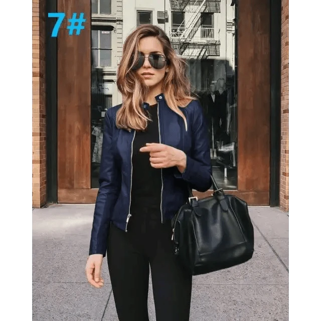 Navy PU leather jacket for women by Stevvex with silver zippers, urban outdoor styling on Tampa Home & Garden Store