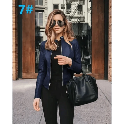 Navy PU leather jacket for women by Stevvex with silver zippers, urban outdoor styling on Tampa Home & Garden Store