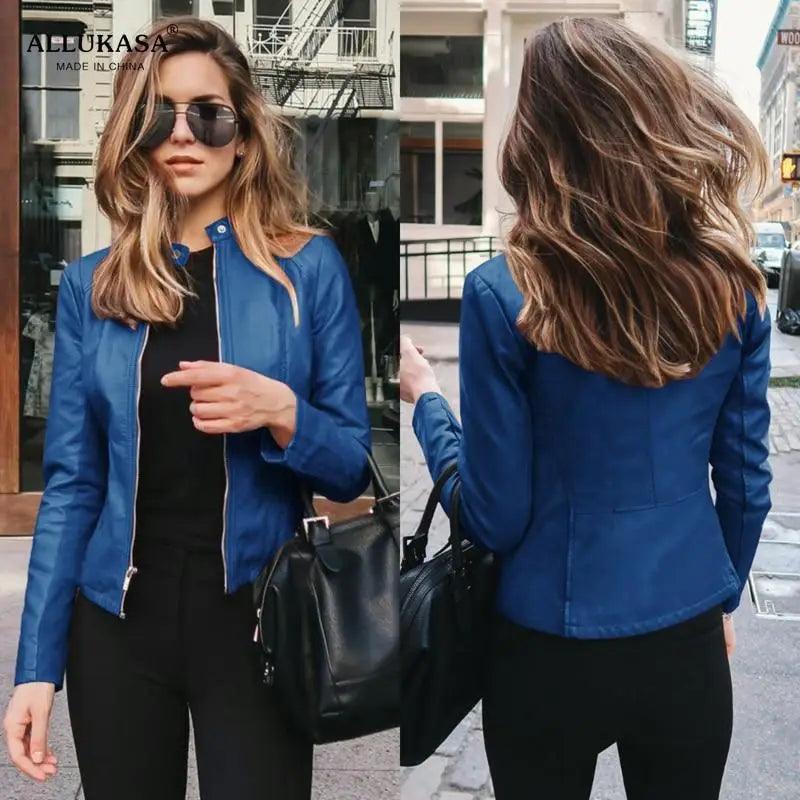 Women's blue PU leather jacket by Stevvex, solid color, front zipper, long sleeves on Tampa Home & Garden Store