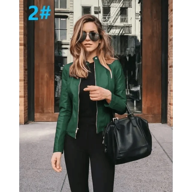 Stevvex women's green PU leather jacket with zip-front detail on Tampa Home & Garden Store