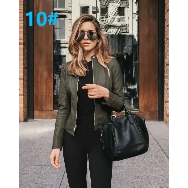 Stevvex PU leather jacket olive green zip-front bomber, long-sleeve worn by woman with black tote on Tampa Home & Garden Store