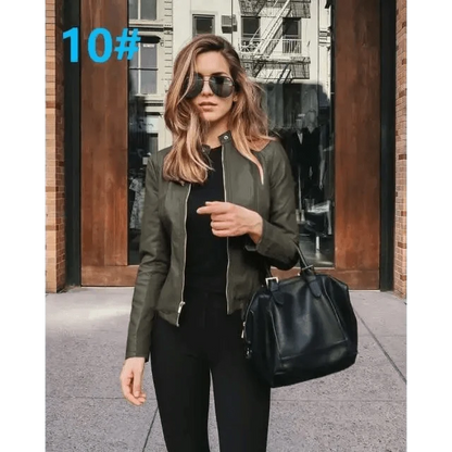 Stevvex PU leather jacket olive green zip-front bomber, long-sleeve worn by woman with black tote on Tampa Home & Garden Store