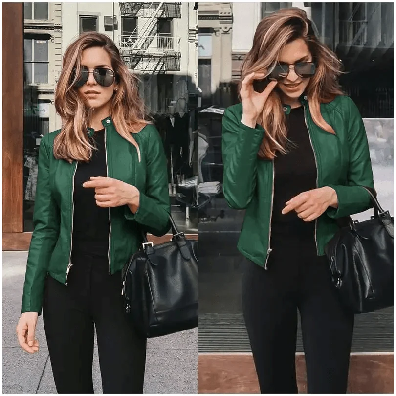 Stevvex women's green PU leather jacket front-zip; solid color, long sleeves, urban styling on Tampa Home & Garden Store