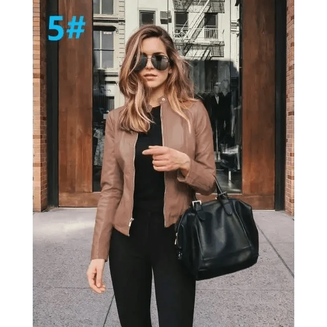 Stevvex brown PU leather jacket for women, long-sleeve coat with black outfit on Tampa Home & Garden Store
