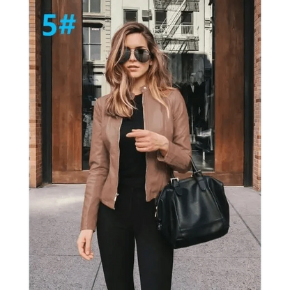 Stevvex brown PU leather jacket for women, long-sleeve coat with black outfit on Tampa Home & Garden Store