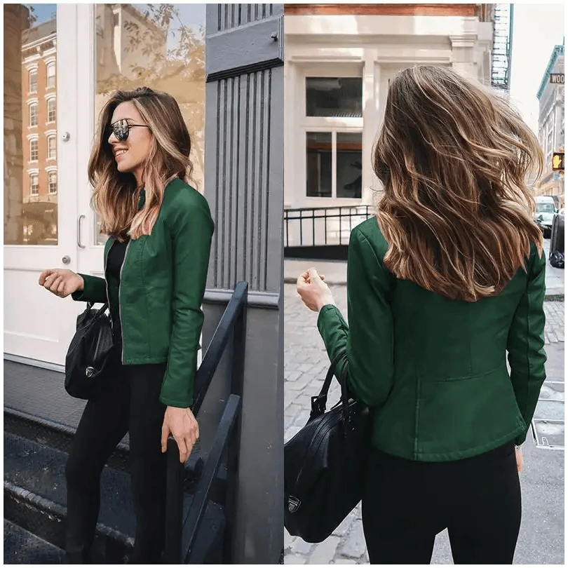 Stevvex green PU leather jacket for women, solid color, long sleeves front and back views on Tampa Home & Garden Store