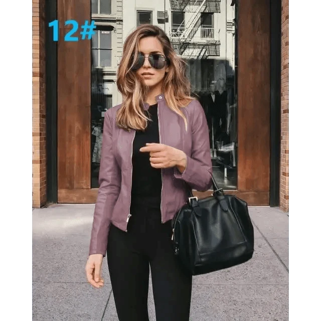 Purple PU leather jacket for women, long-sleeved with black outfit and handbag on street on Tampa Home & Garden Store